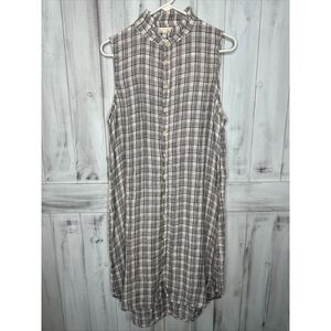 CP SHADES BLUE WHITE PLAID 100% LINEN BUTTON UP SLEEVELESS MIDI SHIRT DRESS‎ M
